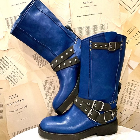 Free People We The Free Janey Engineer Boot Turkish Sea Blue Brown Trim - Picture 2 of 11